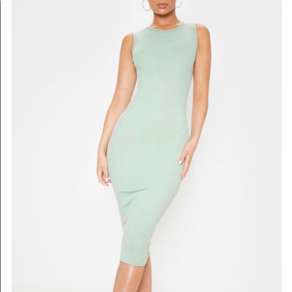 PrettyLittlething midi dress color sage khaki